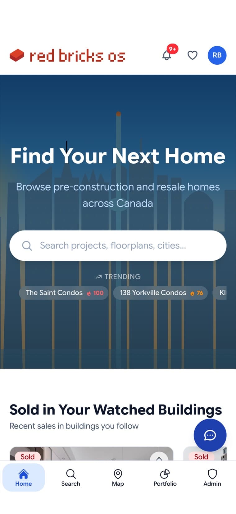 Red Bricks app, client view — Find Your Next Home search screen