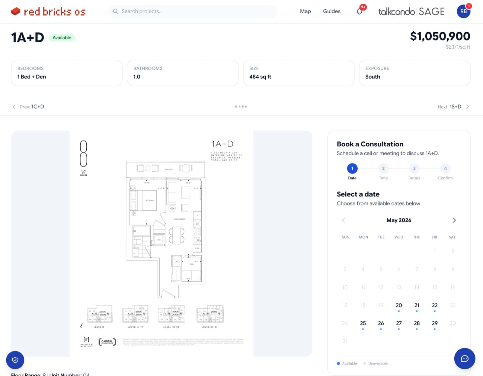 rbOS floor plan view — 1A+D unit details with sqft, price, and booking calendar